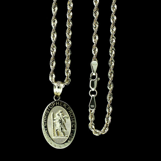 Real 10K Yellow Gold Saint Christopher Pendant &amp; 2.5mm Rope Chain Necklace Set