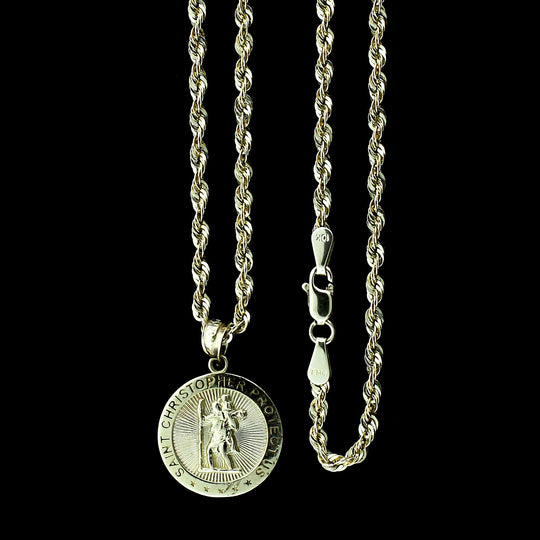 Real 10K Yellow Gold Saint Christopher Pendant &amp; 2.5mm Rope Chain Necklace Set
