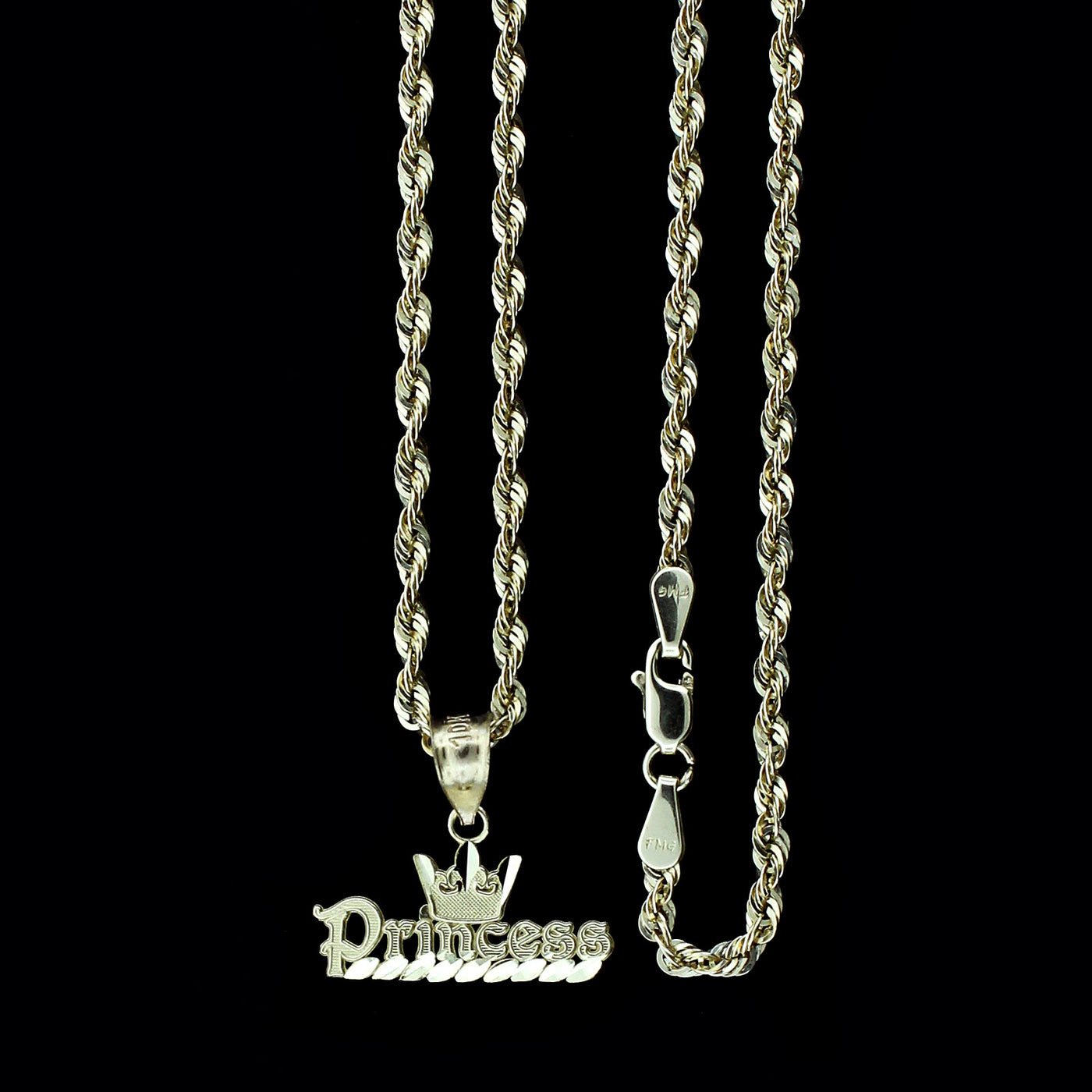 Real 10K Yellow Gold Diamond Cut Princess Crown & 2.5mm Rope Chain Necklace Set