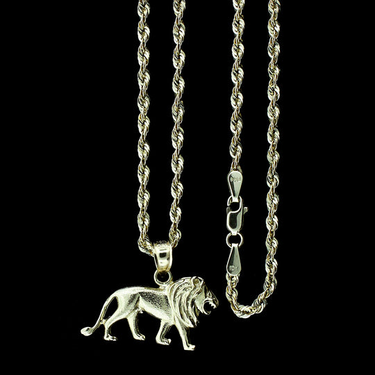 Real 10K Yellow Gold Diamond Cut Lion Pendant &amp; 2.5mm Rope Chain Necklace Set