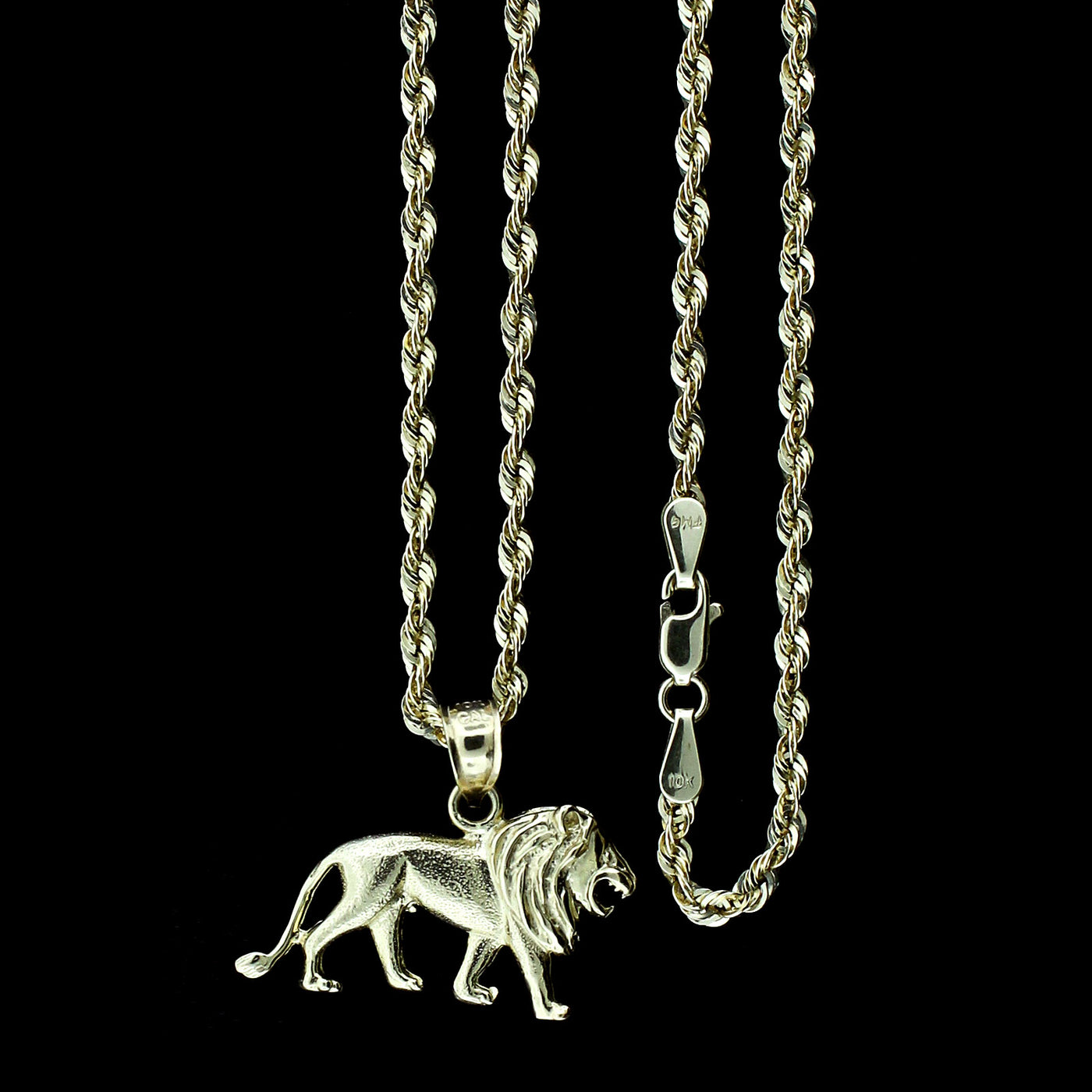 Real 10K Yellow Gold Diamond Cut Lion Pendant & 2.5mm Rope Chain Necklace Set