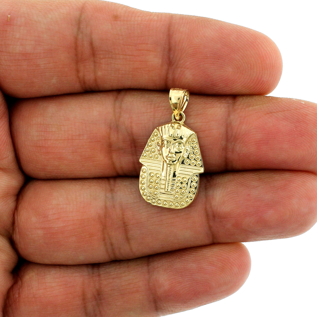 Real 10K Yellow Gold Diamond Cut Egyptian Pharaoh Head Pendant &amp; Rope Chain Necklace Set