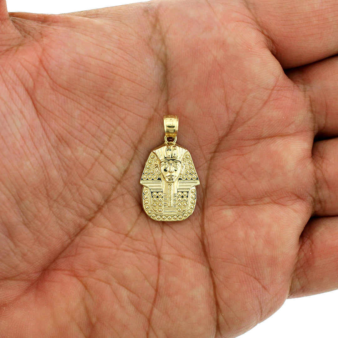 Real 10K Yellow Gold Diamond Cut Egyptian Pharaoh Head Pendant &amp; Rope Chain Necklace Set