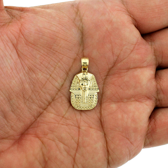 Real 10K Yellow Gold Diamond Cut Egyptian Pharaoh Head Pendant &amp; Rope Chain Necklace Set