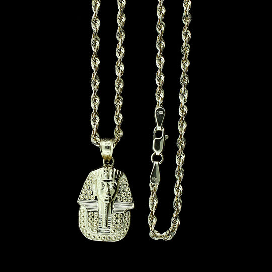 Real 10K Yellow Gold Diamond Cut Egyptian Pharaoh Head Pendant &amp; Rope Chain Necklace Set