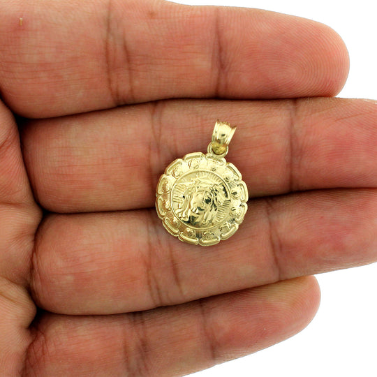 Real 10K Yellow Gold Jesus &amp; Mary Medallion Pendant, 10KT Double Sided Charm