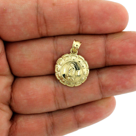 Real 10K Yellow Gold Jesus &amp; Mary Medallion Pendant, 10KT Double Sided Charm