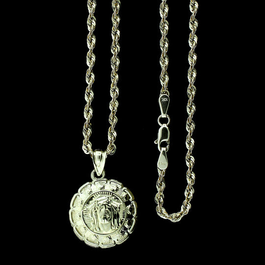 Real 10K Yellow Gold Jesus &amp; Mary Medallion Pendant &amp; 2.5mm Rope Chain Necklace Set