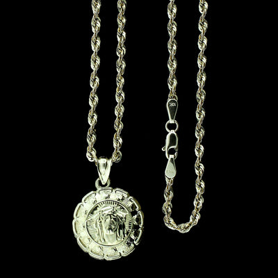 Real 10K Yellow Gold Jesus & Mary Medallion Pendant & 2.5mm Rope Chain Necklace Set