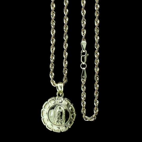 Real 10K Yellow Gold Jesus &amp; Mary Medallion Pendant &amp; 2.5mm Rope Chain Necklace Set