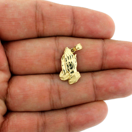 Real 10K Yellow Gold Diamond Cut Praying Hands Pendant &amp; 2.5mm Rope Chain Necklace Set