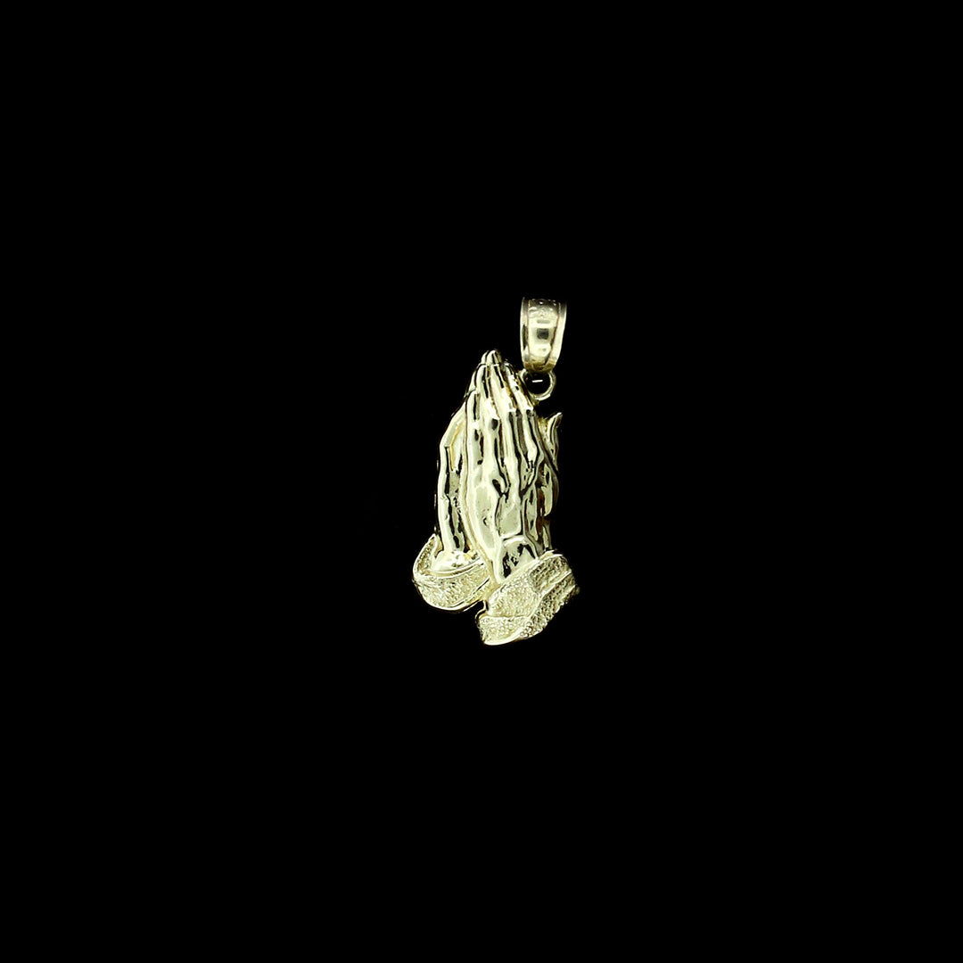 Real 10K Yellow Gold Diamond Cut Praying Hands Pendant &amp; 2.5mm Rope Chain Necklace Set