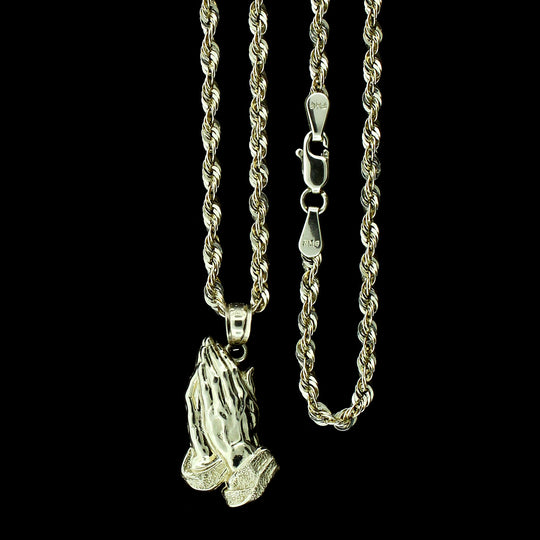 Real 10K Yellow Gold Diamond Cut Praying Hands Pendant &amp; 2.5mm Rope Chain Necklace Set