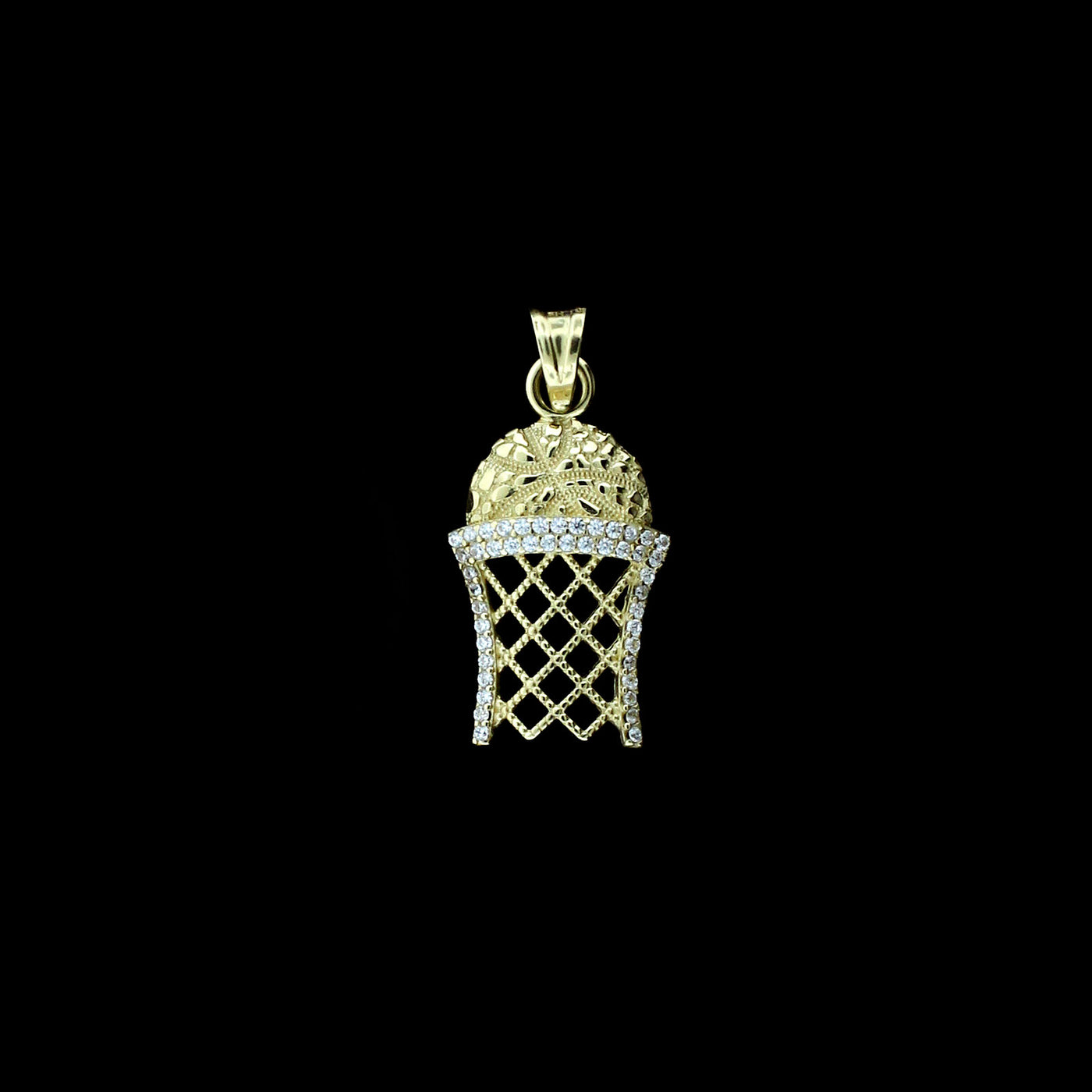 10K Yellow Gold Basketball Net Hoop CZ Pendant, 10KT Real Gold Diamond Cut Charm