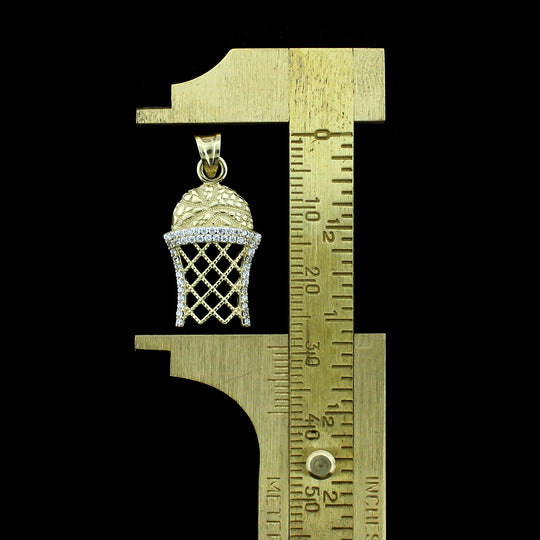 10K Yellow Gold Basketball Net Hoop CZ Pendant, 10KT Real Gold Diamond Cut Charm