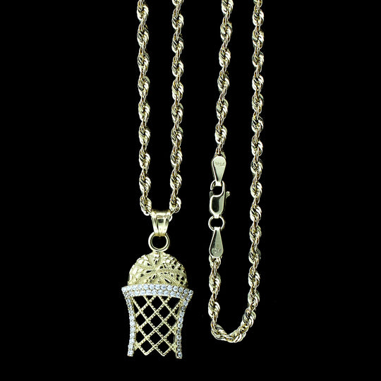 Real 10K Yellow Gold Diamond Cut Basketball CZ Pendant &amp; 2.5mm Rope Chain Necklace Set