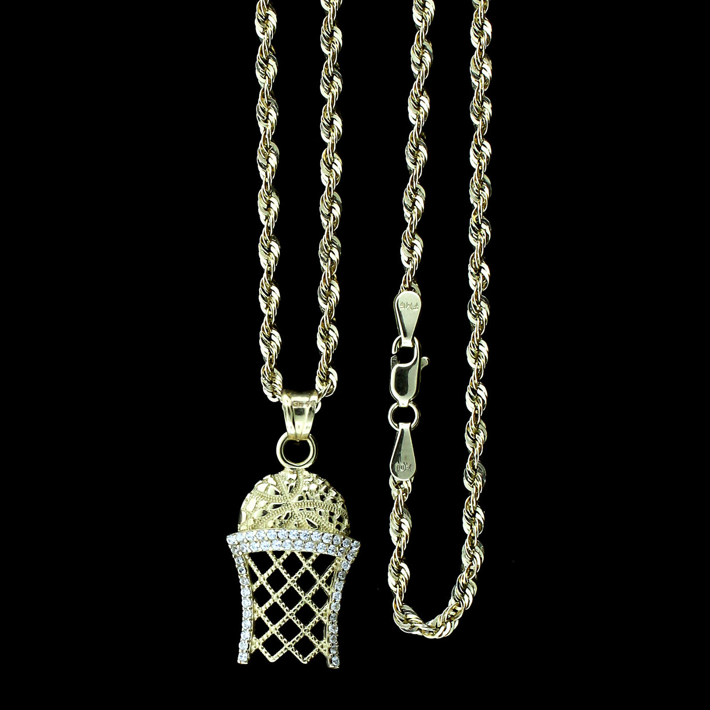 Real 10K Yellow Gold Diamond Cut Basketball CZ Pendant & 2.5mm Rope Chain Necklace Set