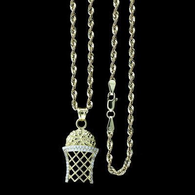 Real 10K Yellow Gold Diamond Cut Basketball CZ Pendant & 2.5mm Rope Chain Necklace Set