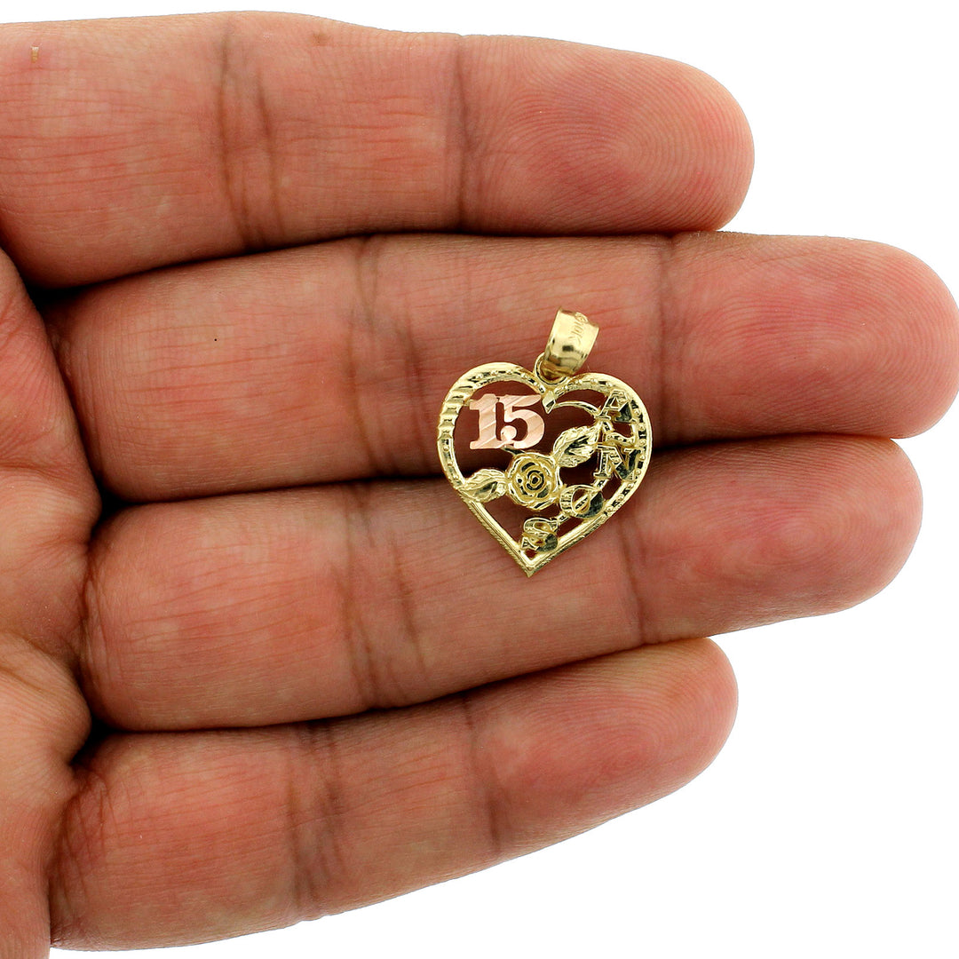 Real 10K Yellow Gold Diamond Cut Sweet 15 Heart Pendant &amp; 2mm Rope Chain Necklace Set
