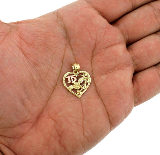 Real 10K Yellow Gold Diamond Cut Sweet 15 Heart Pendant &amp; 2mm Rope Chain Necklace Set
