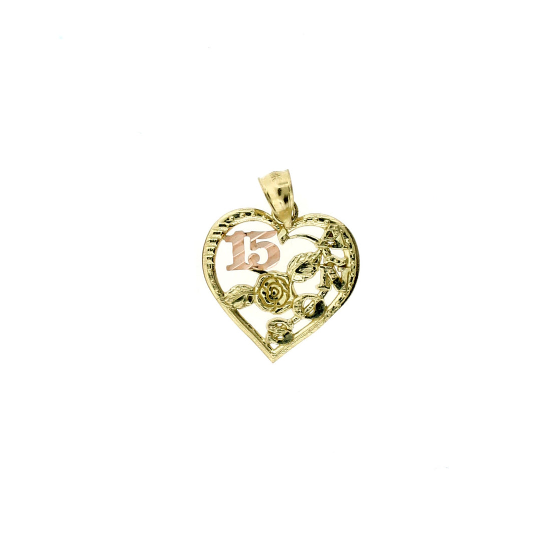 Real 10K Yellow Gold Diamond Cut Sweet 15 Anos Quinceanera Heart Charm Pendant