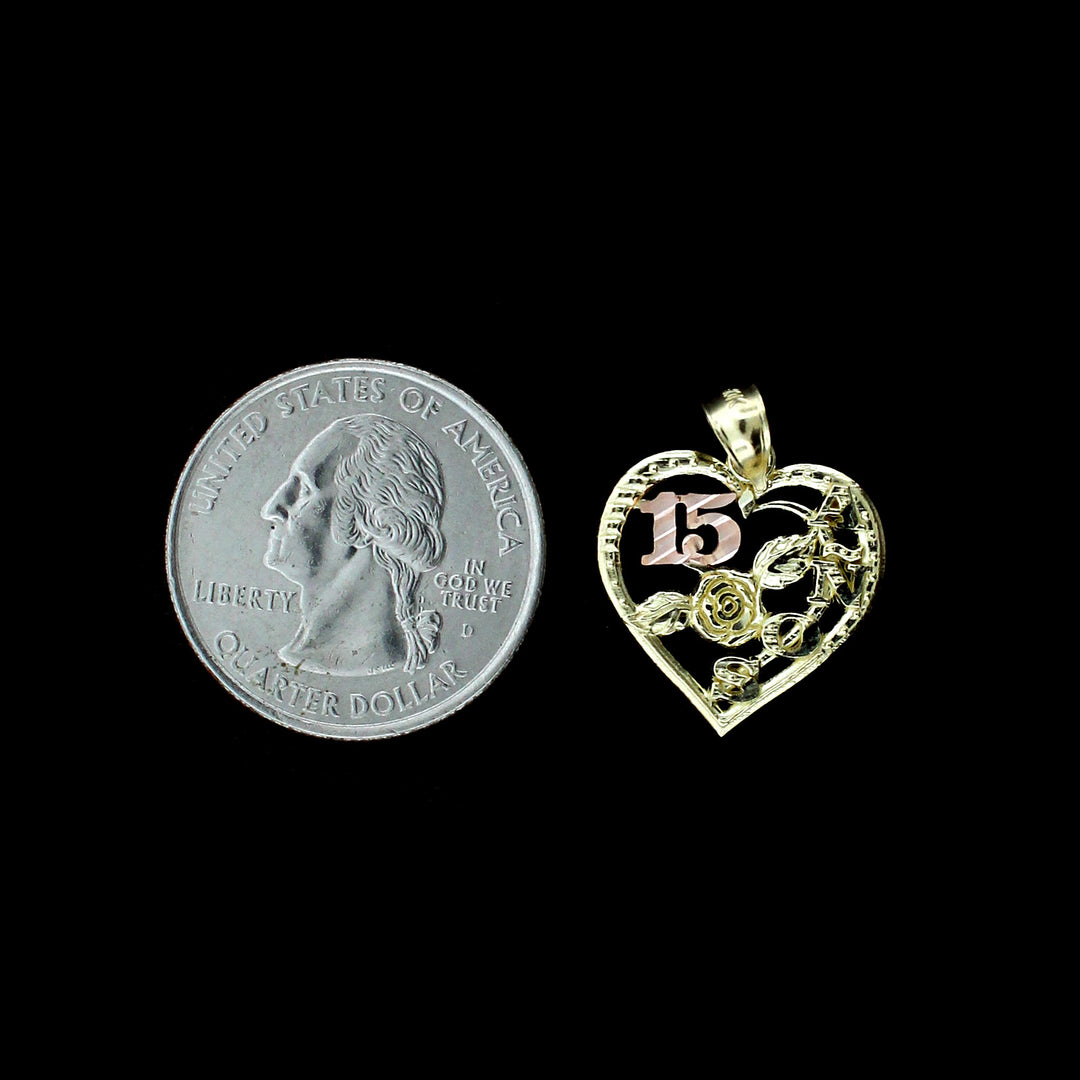Real 10K Yellow Gold Diamond Cut Sweet 15 Heart Pendant &amp; 2mm Rope Chain Necklace Set
