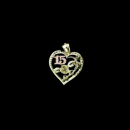 Real 10K Yellow Gold Diamond Cut Sweet 15 Anos Quinceanera Heart Charm Pendant
