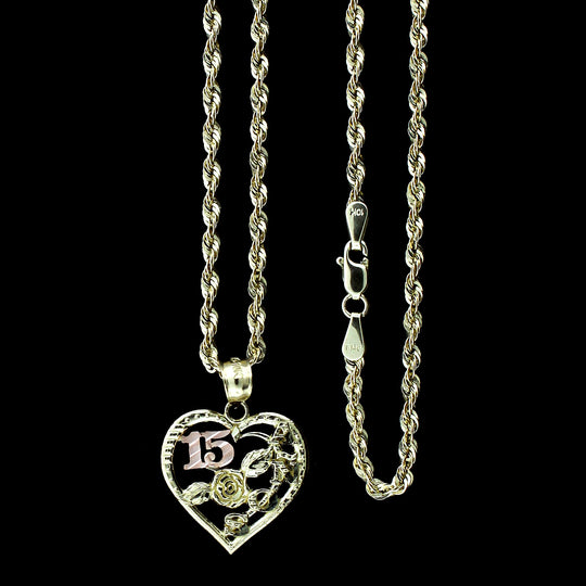 Real 10K Yellow Gold Diamond Cut Sweet 15 Heart Pendant &amp; 2mm Rope Chain Necklace Set