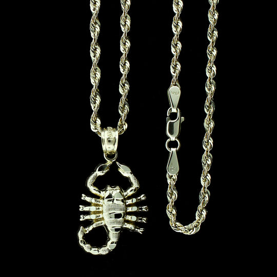 Real 10K Yellow Gold Zodiac Sign Scorpion Pendant &amp; 2.5mm Rope Chain Necklace Set