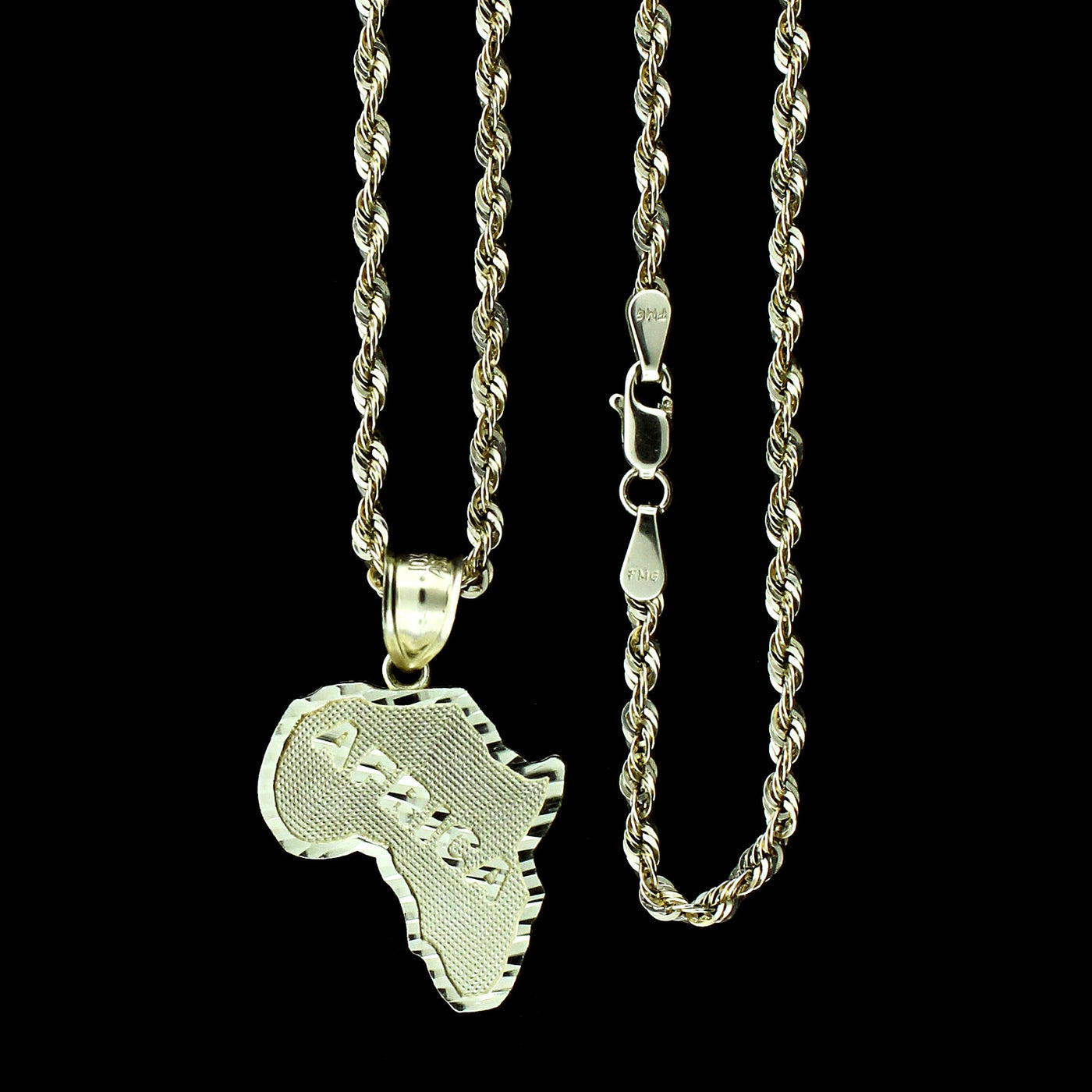 Real 10K Yellow Gold Africa Map Charm Pendant & 2.5mm Rope Chain Necklace Set