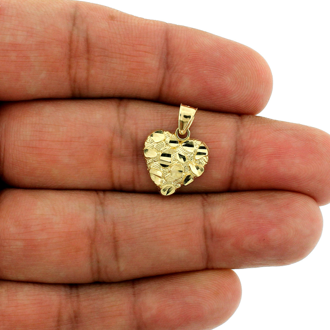 Real 10K Yellow Gold Nugget Heart Charm Pendant With 2.5mm Rope Chain Necklace Set