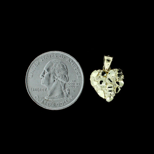 Real 10K Yellow Gold Nugget Heart Charm Pendant With 2.5mm Rope Chain Necklace Set