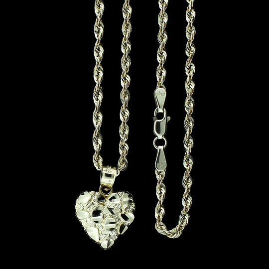 Real 10K Yellow Gold Nugget Heart Charm Pendant With 2.5mm Rope Chain Necklace Set
