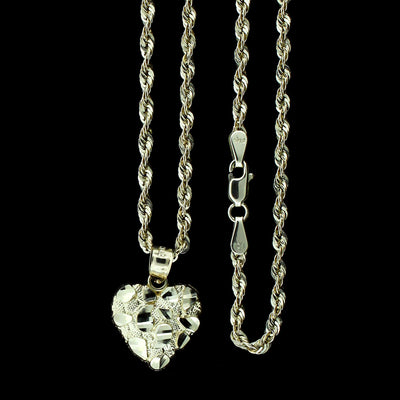 Real 10K Yellow Gold Nugget Heart Charm Pendant With 2.5mm Rope Chain Necklace Set