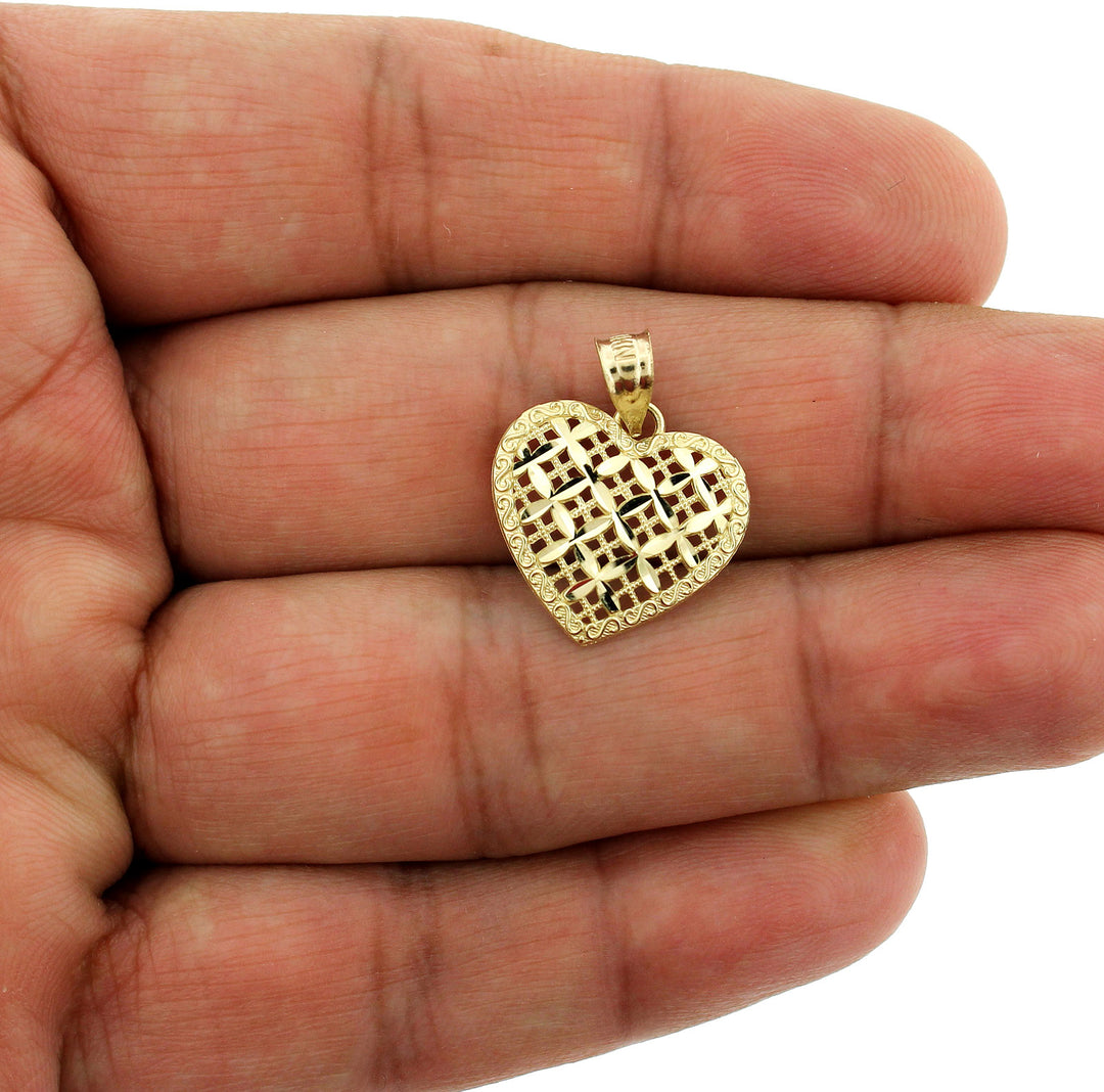 Real 10K Yellow Gold Diamond Cut Heart Charm Pendant With 2.5mm Rope Chain Necklace Set