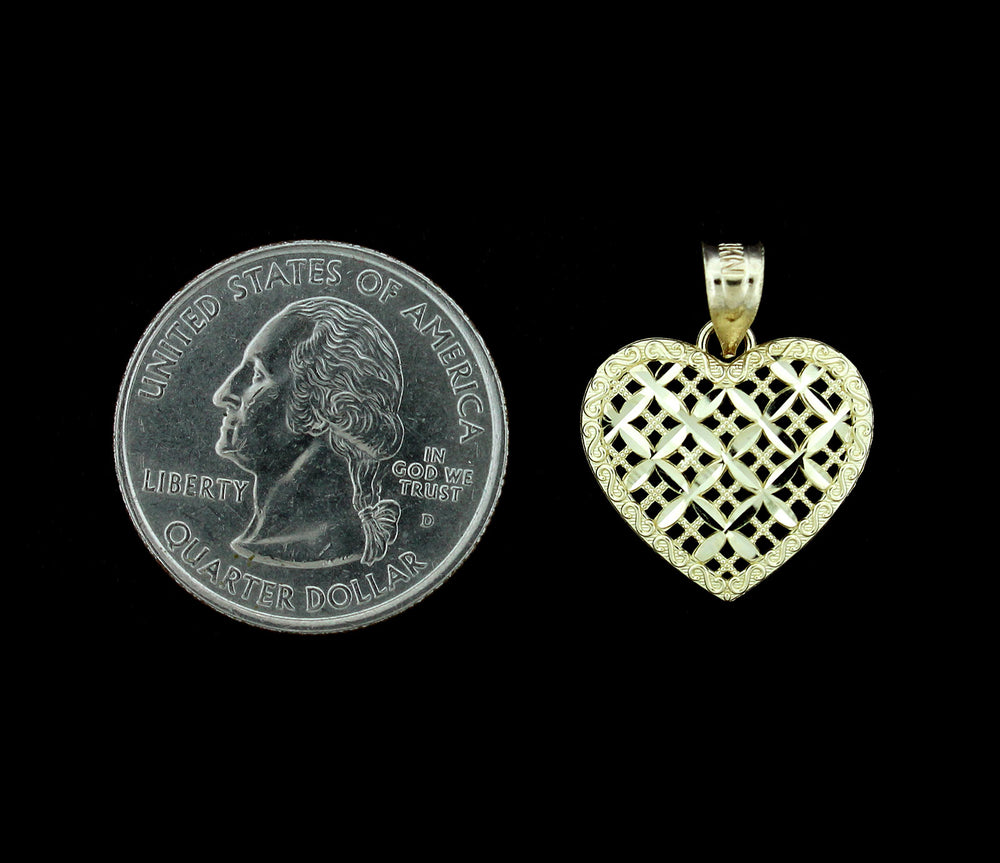 Real 10K Yellow Gold Diamond Cut Heart Charm Pendant With 2.5mm Rope Chain Necklace Set