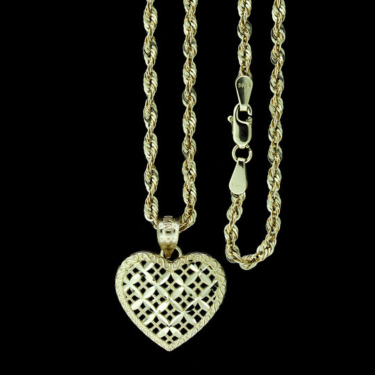Real 10K Yellow Gold Diamond Cut Heart Charm Pendant With 2.5mm Rope Chain Necklace Set