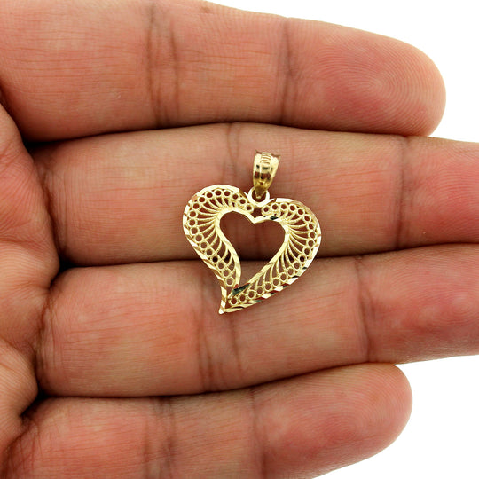 Real 10K Yellow Gold Diamond Cut Heart Pendant, Womens 10KT Gold Charm