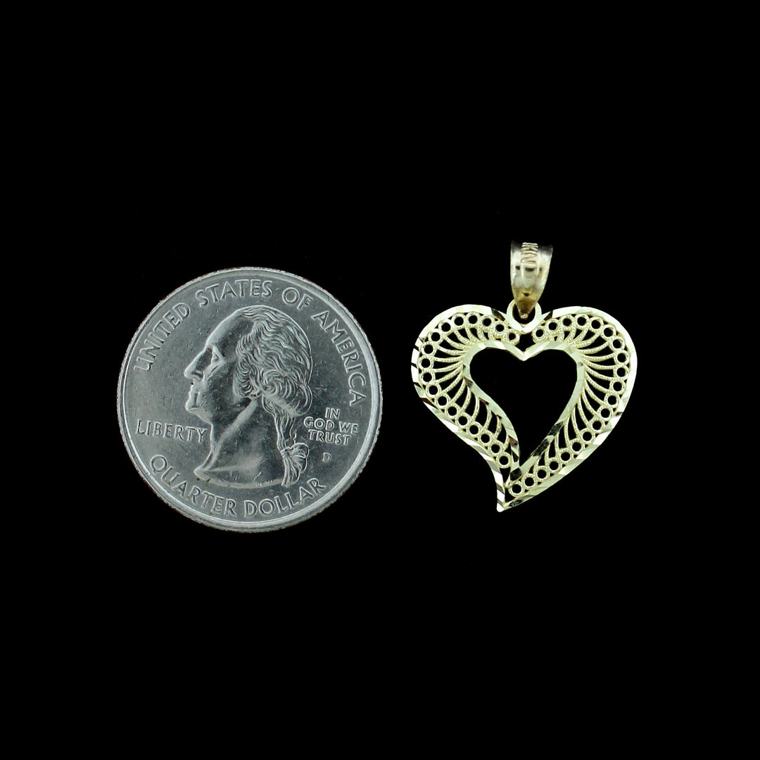 Real 10K Yellow Gold Diamond Cut Heart Charm Pendant With 2.5mm Rope Chain Necklace Set