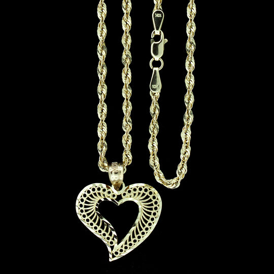Real 10K Yellow Gold Diamond Cut Heart Charm Pendant With 2.5mm Rope Chain Necklace Set