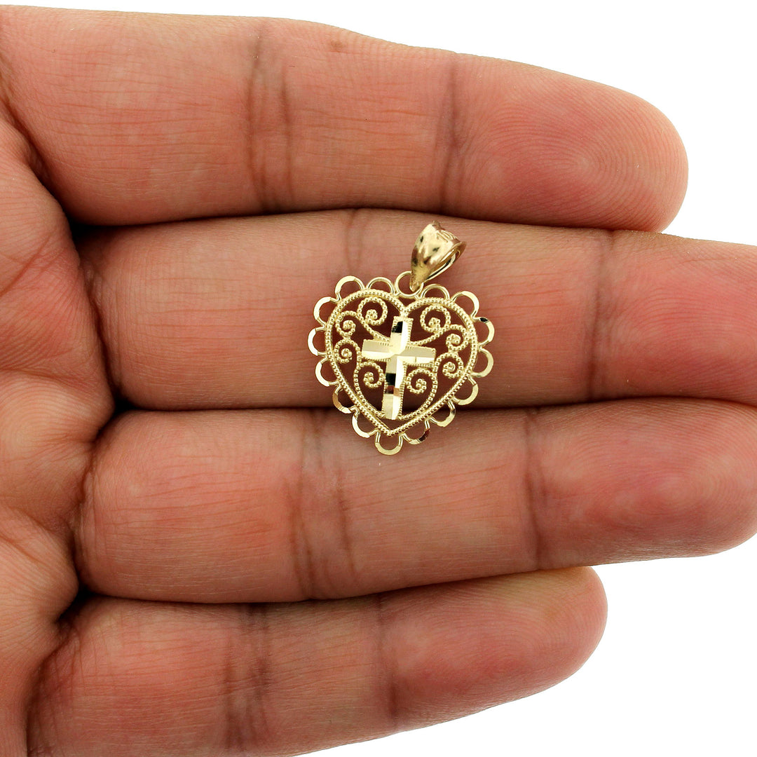 Real 10K Yellow Gold Diamond Cut Heart With Cross Pendant &amp; 2.5mm Rope Chain Necklace Set