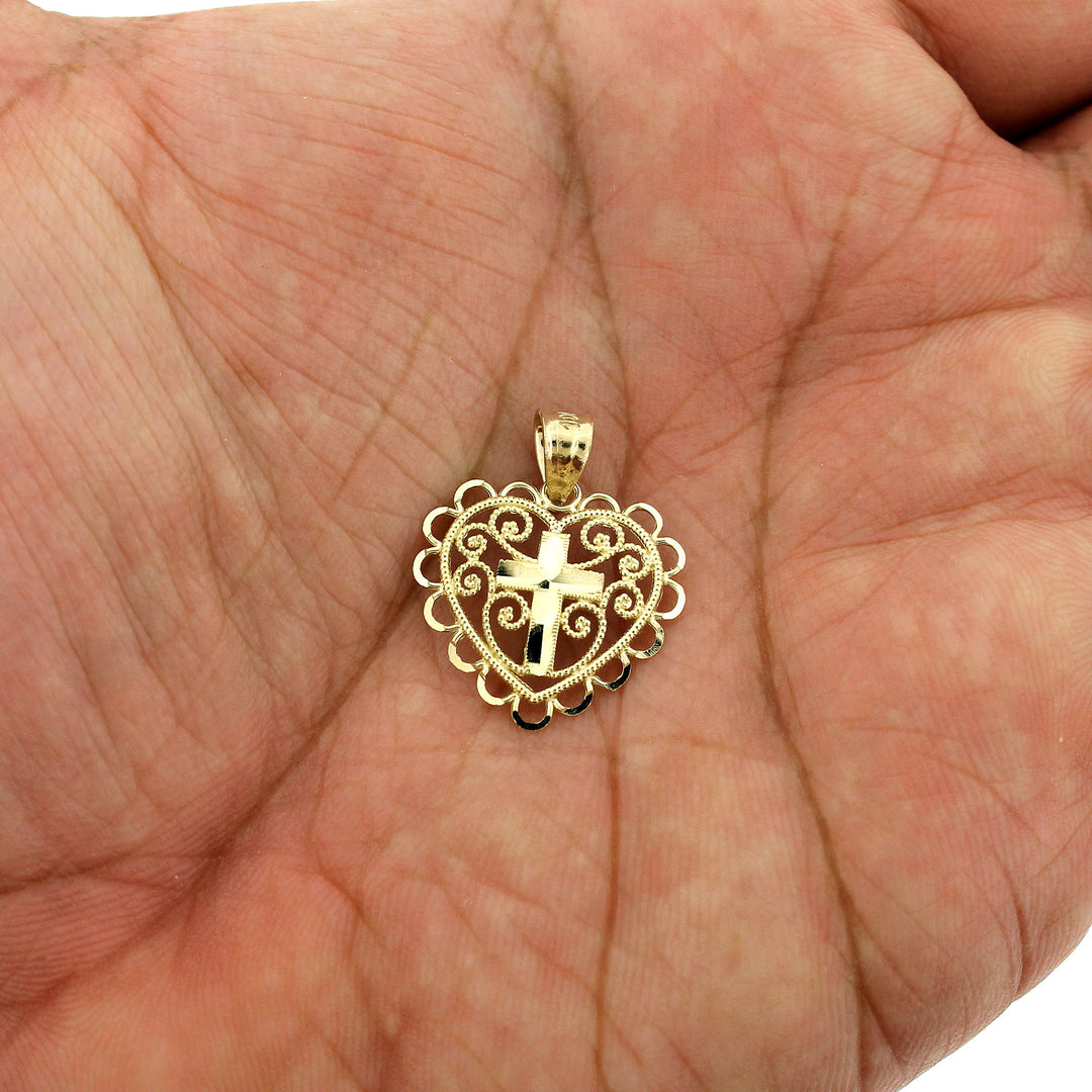 Real 10K Yellow Gold Diamond Cut Heart With Cross Pendant &amp; 2.5mm Rope Chain Necklace Set