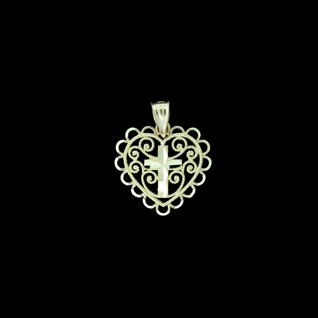 Real 10K Yellow Gold Diamond Cut Heart With Cross Pendant &amp; 2.5mm Rope Chain Necklace Set