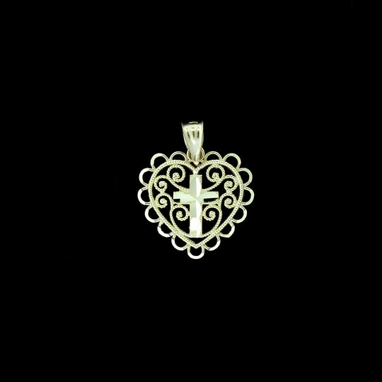 Real 10K Yellow Gold Diamond Cut Heart With Cross Pendant &amp; 2.5mm Rope Chain Necklace Set