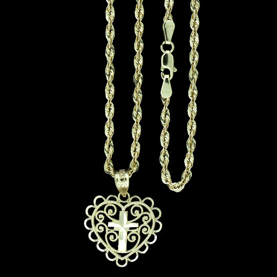 Real 10K Yellow Gold Diamond Cut Heart With Cross Pendant &amp; 2.5mm Rope Chain Necklace Set