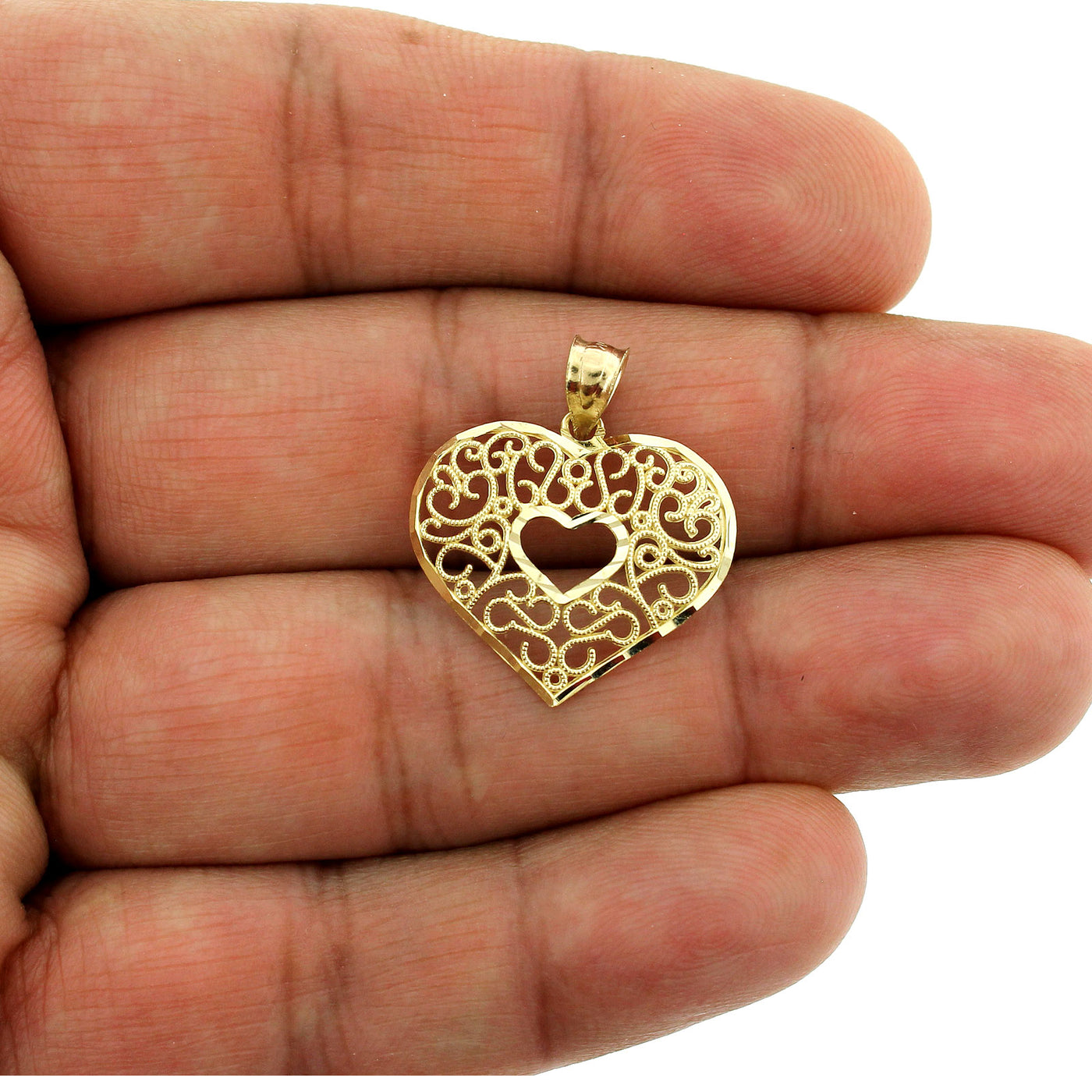 Real 10K Yellow Gold Diamond Cut Heart Pendant, Womens 10KT Gold Charm