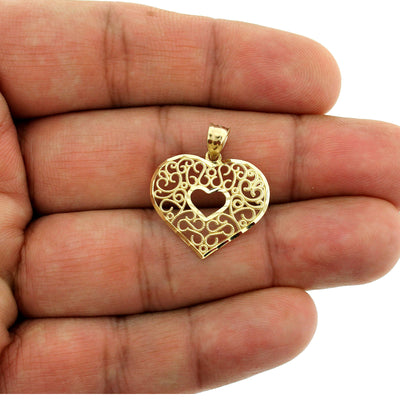 Real 10K Yellow Gold Diamond Cut Heart Charm Pendant With 2.5mm Rope Chain Necklace Set