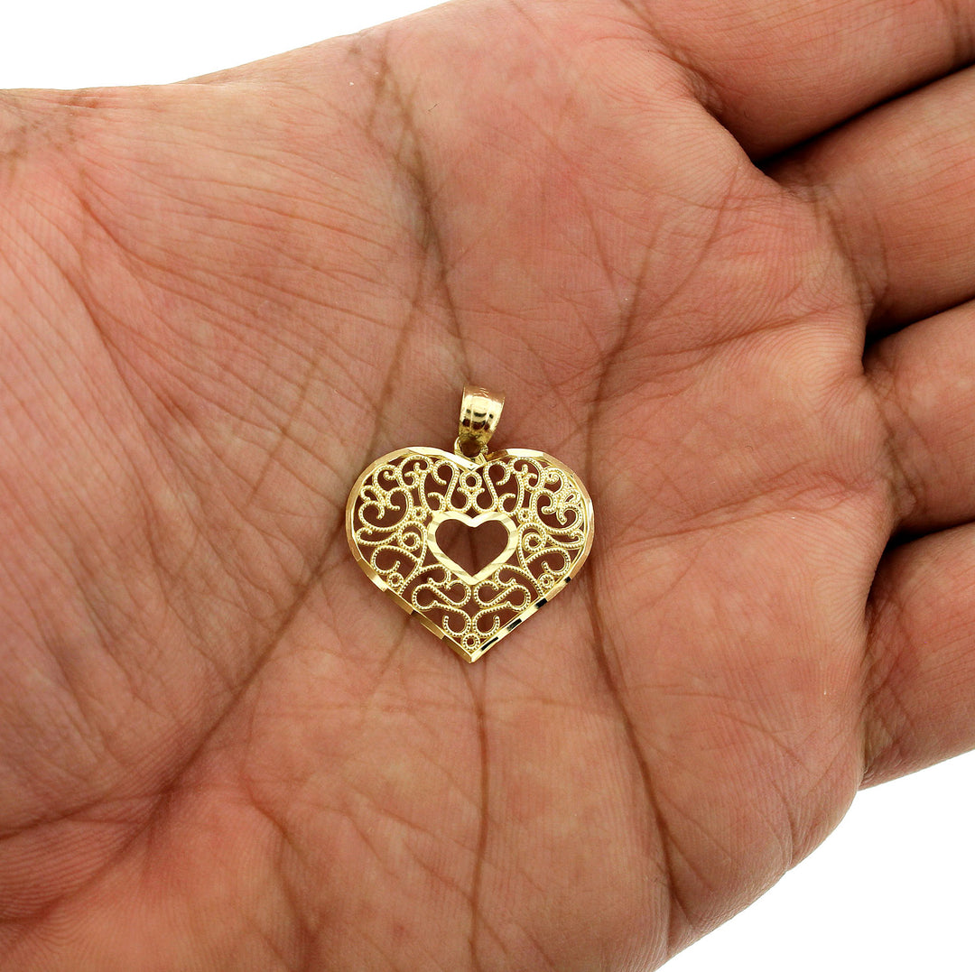 Real 10K Yellow Gold Diamond Cut Heart Pendant, Womens 10KT Gold Charm