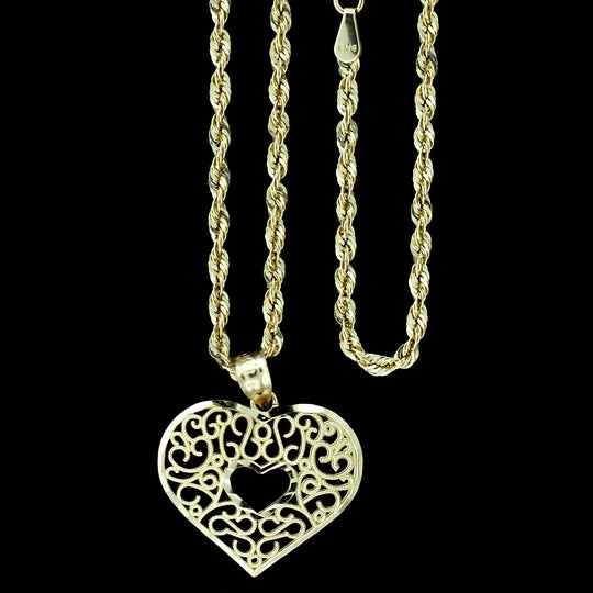 Real 10K Yellow Gold Diamond Cut Heart Charm Pendant With 2.5mm Rope Chain Necklace Set