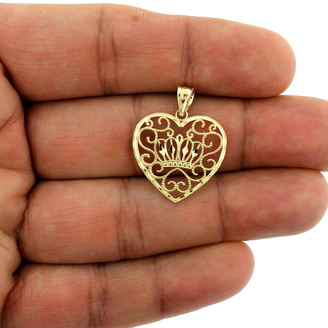 Real 10K Yellow Gold Diamond Cut Heart With Crown Pendant &amp; 2.5mm Rope Chain Necklace Set